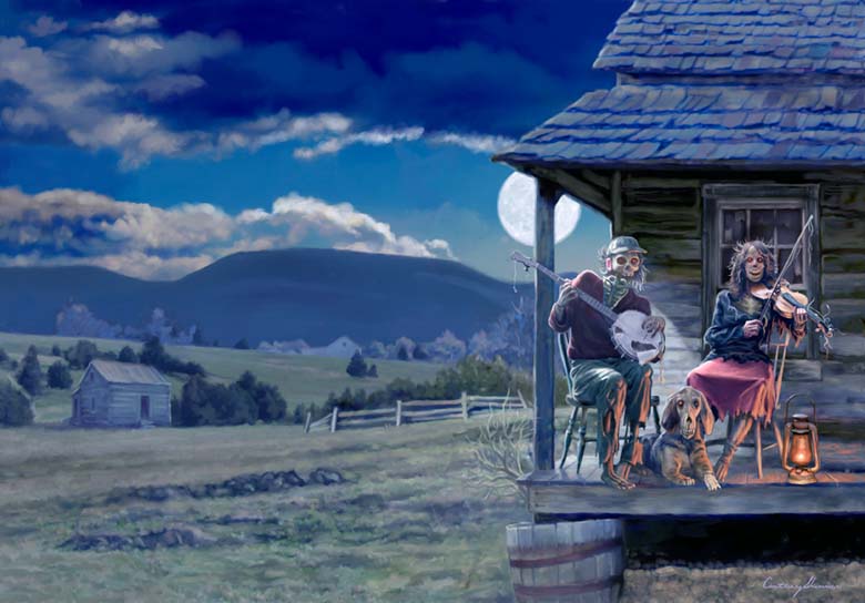 This is the wraparound painting for the cover of Apex Publishing's "Appalachian Undead" anthology. Rather than the typical lurching, dull sort of zombie we see today, I wanted these folks to retain a bit more of their humanity in the form of relaxing to some down-home music. Old habits die hard as do these folks and their hound dog. Set a spell. Take your feet off. Y'all come back now, hear?